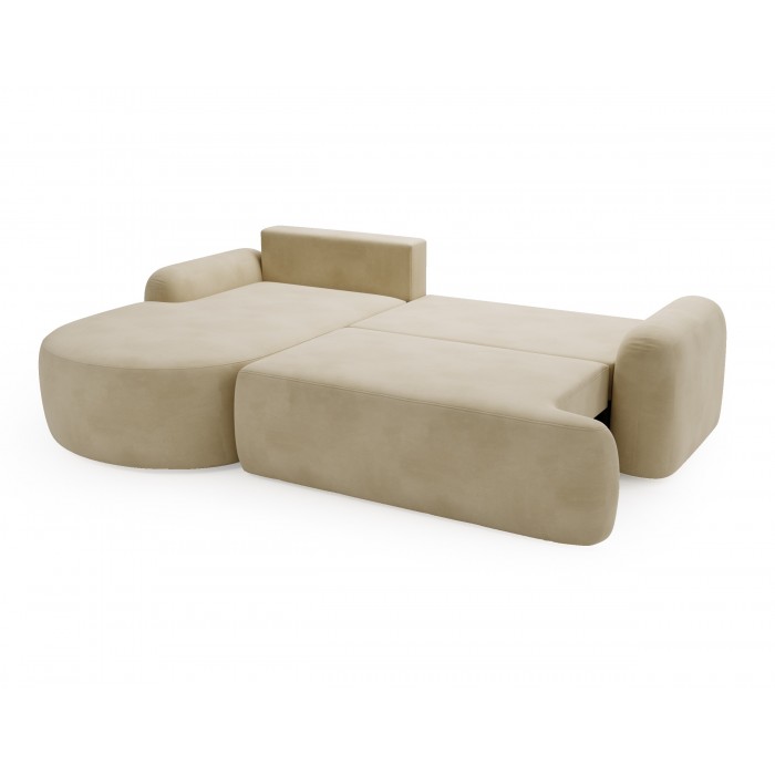 Elegantes beiges Ecksofa CLOUDY aus Veloursstoff mit abgerundeten Seiten und dekorativen kugelförmigen Kissen