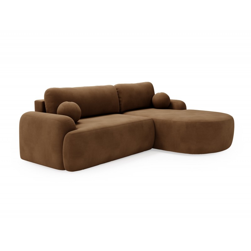 Elegantes braunes Ecksofa CLOUDY aus Velourstoff mit abgerundeten Seiten und dekorativen kugelförmigen Kissen 1/9