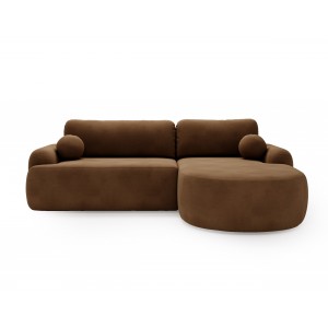 Elegantes braunes Ecksofa CLOUDY aus Velourstoff mit abgerundeten Seiten und dekorativen kugelförmigen Kissen 2/9