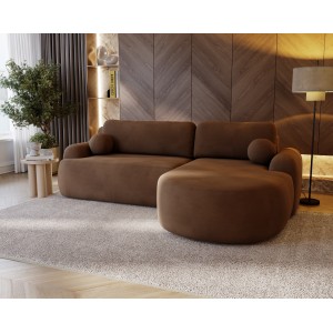 Elegantes braunes Ecksofa CLOUDY aus Velourstoff mit abgerundeten Seiten und dekorativen kugelförmigen Kissen 3/9