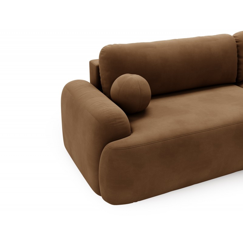 Elegantes braunes Ecksofa CLOUDY aus Velourstoff mit abgerundeten Seiten und dekorativen kugelförmigen Kissen 4/9