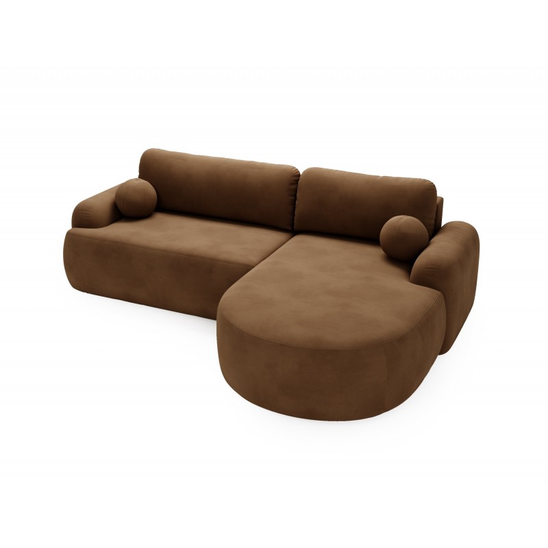 Elegantes braunes Ecksofa CLOUDY aus Velourstoff mit abgerundeten Seiten und dekorativen kugelförmigen Kissen 5/9