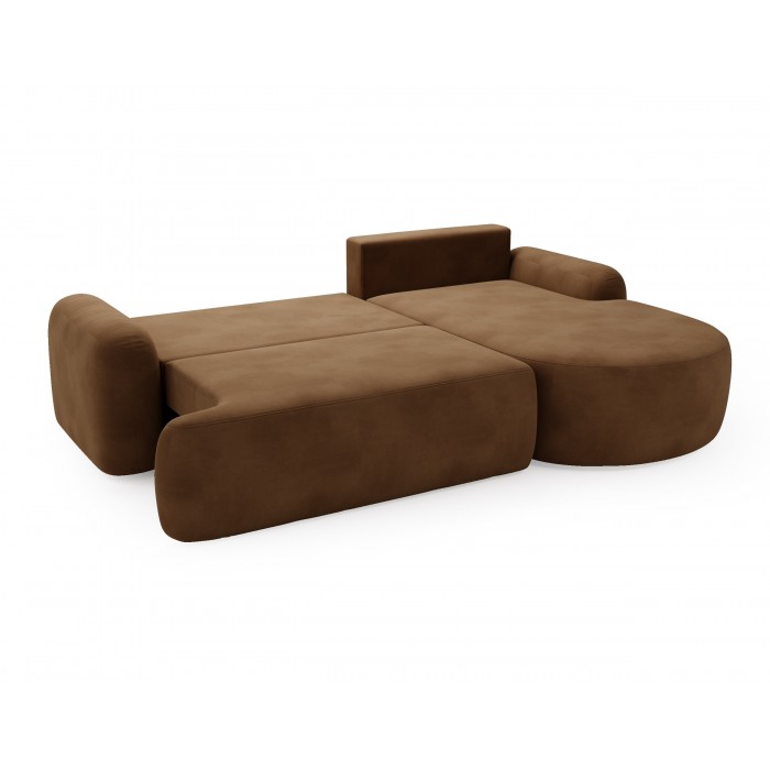 Elegantes braunes Ecksofa CLOUDY aus Velourstoff mit abgerundeten Seiten und dekorativen kugelförmigen Kissen
