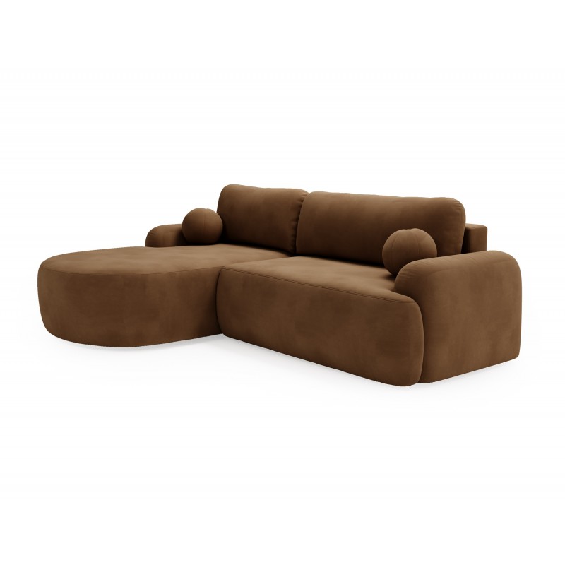 Elegante braune CLOUDY-Ecke links aus Velourstoff mit abgerundeten Seiten und dekorativen kugelförmigen Kissen 1/9