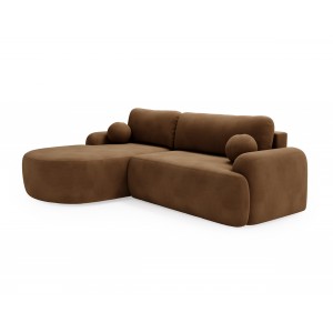 Elegante braune CLOUDY-Ecke links aus Velourstoff mit abgerundeten Seiten und dekorativen kugelförmigen Kissen 1/9
