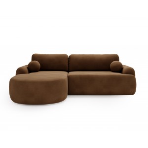 Elegante braune CLOUDY-Ecke links aus Velourstoff mit abgerundeten Seiten und dekorativen kugelförmigen Kissen 2/9