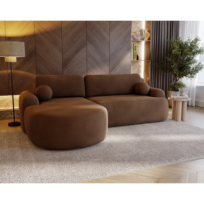 Elegante braune CLOUDY-Ecke links aus Velourstoff mit abgerundeten Seiten und dekorativen kugelförmigen Kissen