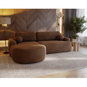 Elegante braune CLOUDY-Ecke links aus Velourstoff mit abgerundeten Seiten und dekorativen kugelförmigen Kissen 3/9