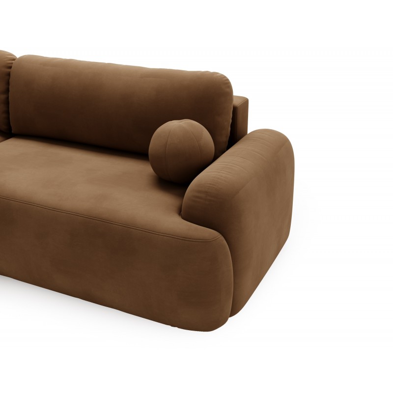 Elegante braune CLOUDY-Ecke links aus Velourstoff mit abgerundeten Seiten und dekorativen kugelförmigen Kissen 4/9