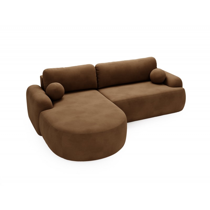 Elegante braune CLOUDY-Ecke links aus Velourstoff mit abgerundeten Seiten und dekorativen kugelförmigen Kissen 5/9