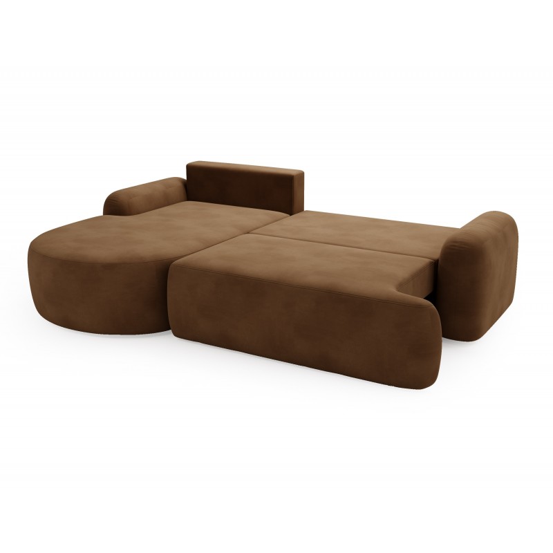 Elegante braune CLOUDY-Ecke links aus Velourstoff mit abgerundeten Seiten und dekorativen kugelförmigen Kissen 6/9