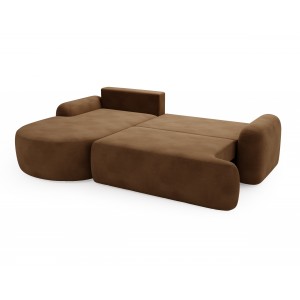 Elegante braune CLOUDY-Ecke links aus Velourstoff mit abgerundeten Seiten und dekorativen kugelförmigen Kissen 6/9