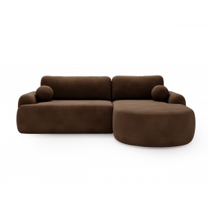 Elegantes dunkelbraunes Ecksofa CLOUDY aus Velourstoff mit abgerundeten Seiten und dekorativen kugelförmigen Polstern 2/9