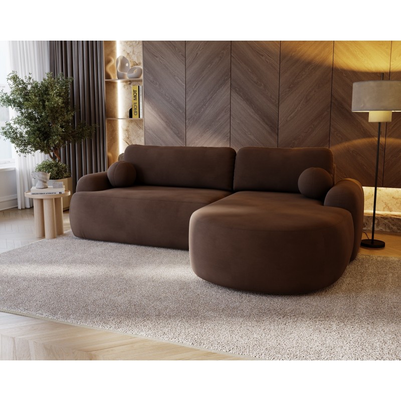 Elegantes dunkelbraunes Ecksofa CLOUDY aus Velourstoff mit abgerundeten Seiten und dekorativen kugelförmigen Polstern 3/9