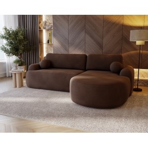 Elegantes dunkelbraunes Ecksofa CLOUDY aus Velourstoff mit abgerundeten Seiten und dekorativen kugelförmigen Polstern 3/9