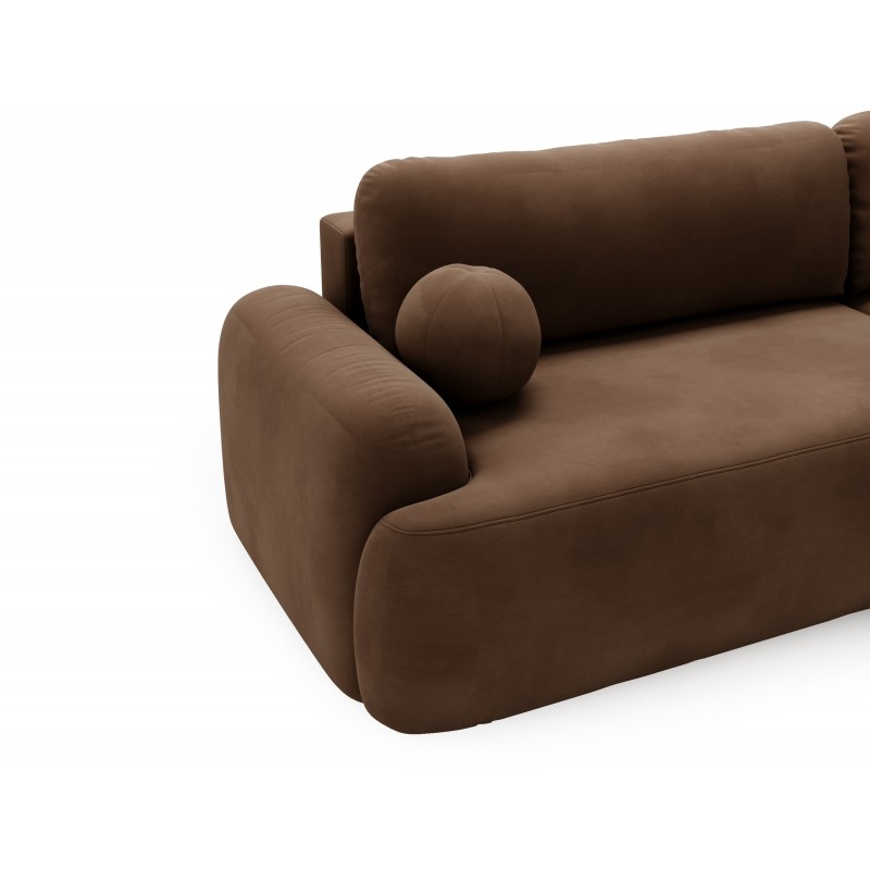 Elegantes dunkelbraunes Ecksofa CLOUDY aus Velourstoff mit abgerundeten Seiten und dekorativen kugelförmigen Polstern 4/9
