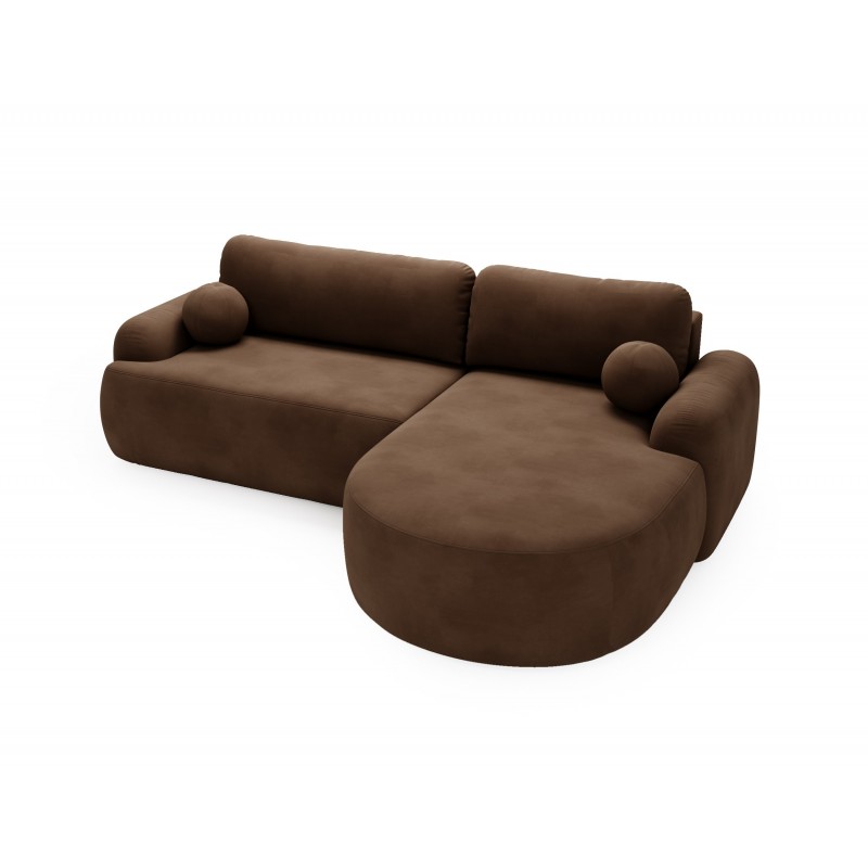 Elegantes dunkelbraunes Ecksofa CLOUDY aus Velourstoff mit abgerundeten Seiten und dekorativen kugelförmigen Polstern 5/9