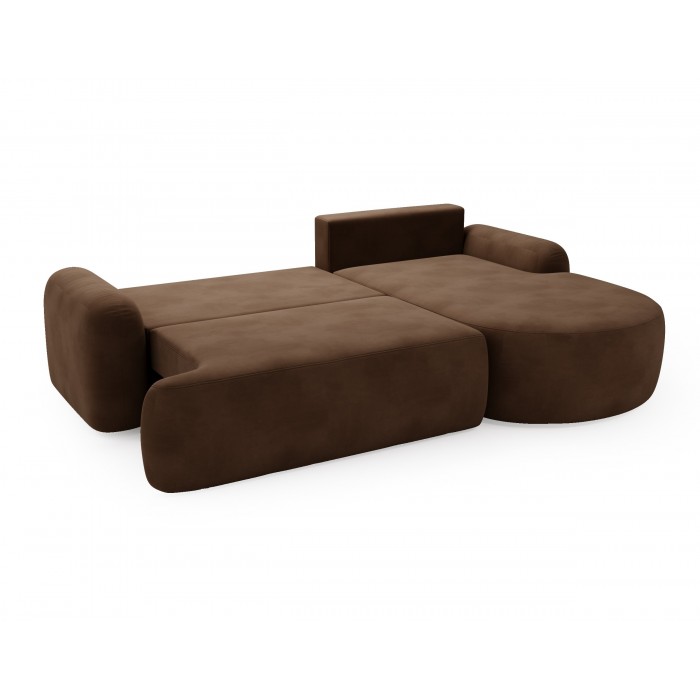 Elegantes dunkelbraunes Ecksofa CLOUDY aus Velourstoff mit abgerundeten Seiten und dekorativen kugelförmigen Polstern