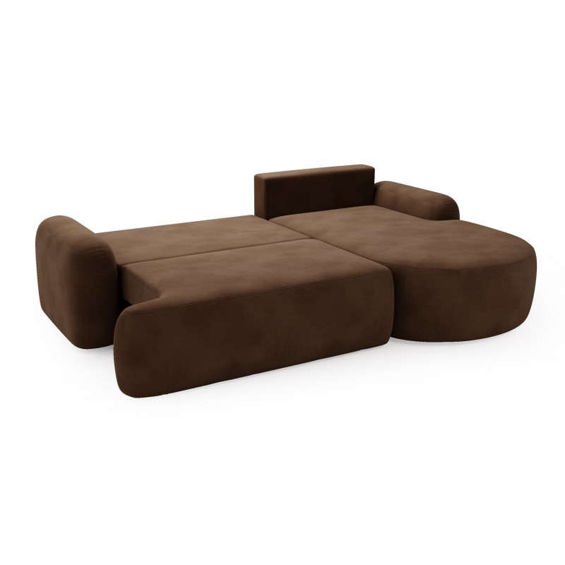 Elegantes dunkelbraunes Ecksofa CLOUDY aus Velourstoff mit abgerundeten Seiten und dekorativen kugelförmigen Polstern 6/9
