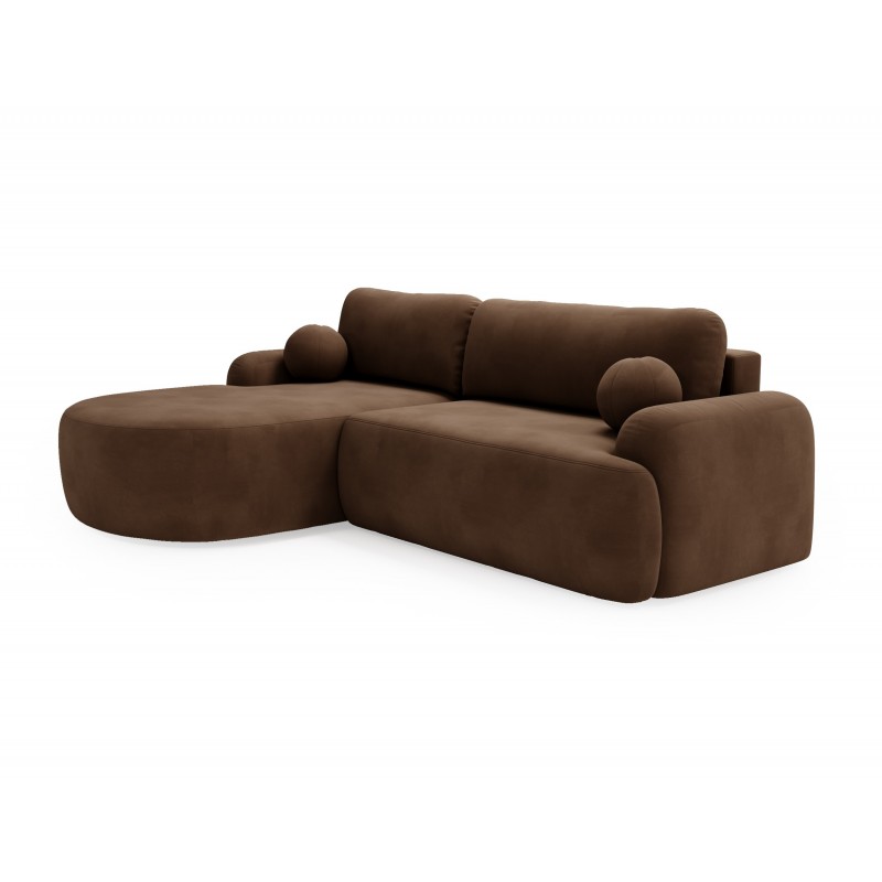 Elegante dunkelbraune CLOUDY-Ecke links aus Veloursstoff mit abgerundeten Seiten und dekorativen kugelförmigen Kissen