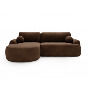 Elegante dunkelbraune CLOUDY-Ecke links aus Veloursstoff mit abgerundeten Seiten und dekorativen kugelförmigen Kissen 2/9
