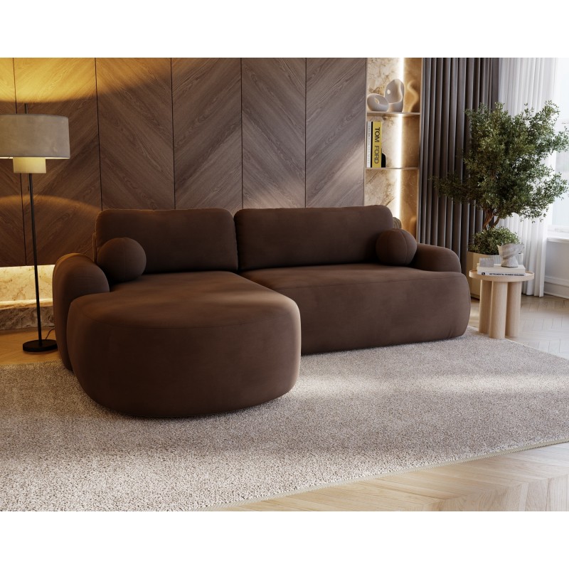 Elegante dunkelbraune CLOUDY-Ecke links aus Veloursstoff mit abgerundeten Seiten und dekorativen kugelförmigen Kissen 3/9