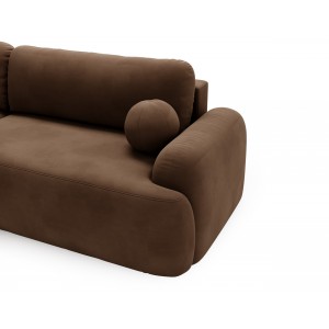 Elegante dunkelbraune CLOUDY-Ecke links aus Veloursstoff mit abgerundeten Seiten und dekorativen kugelförmigen Kissen 4/9