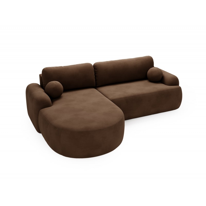 Elegante dunkelbraune CLOUDY-Ecke links aus Veloursstoff mit abgerundeten Seiten und dekorativen kugelförmigen Kissen 5/9