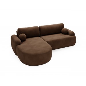 Elegante dunkelbraune CLOUDY-Ecke links aus Veloursstoff mit abgerundeten Seiten und dekorativen kugelförmigen Kissen 5/9