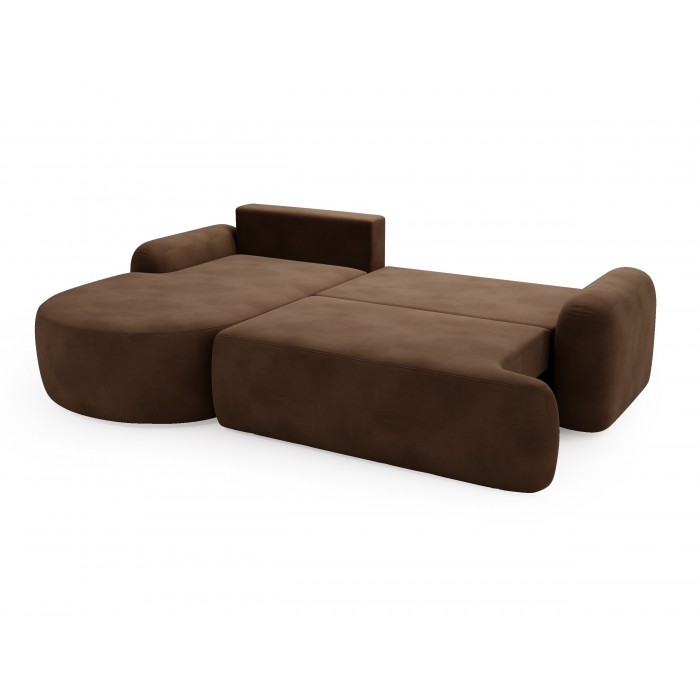 Elegante dunkelbraune CLOUDY-Ecke links aus Veloursstoff mit abgerundeten Seiten und dekorativen kugelförmigen Kissen