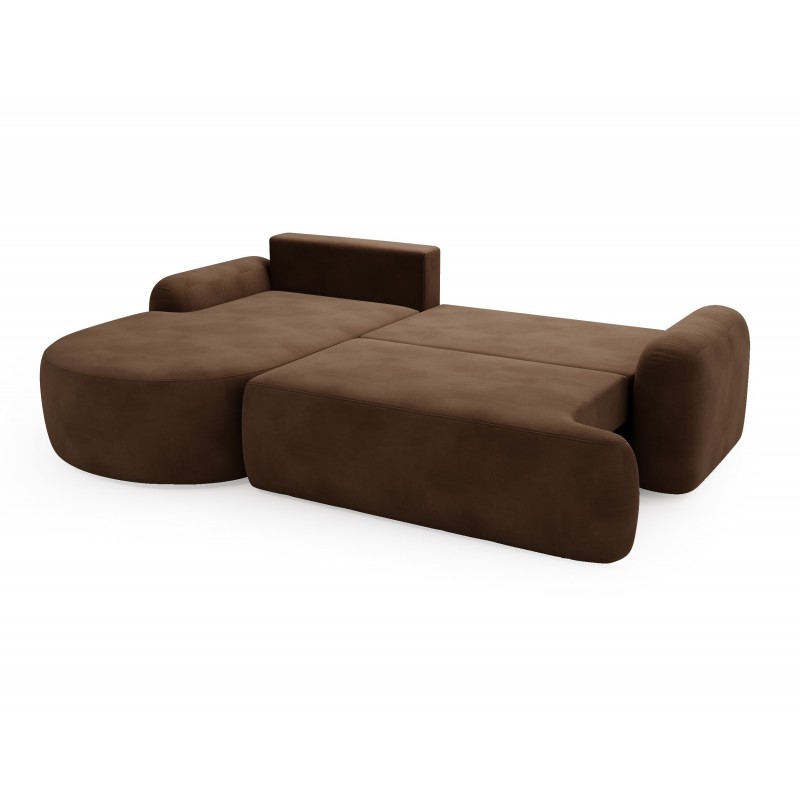 Elegante dunkelbraune CLOUDY-Ecke links aus Veloursstoff mit abgerundeten Seiten und dekorativen kugelförmigen Kissen 6/9