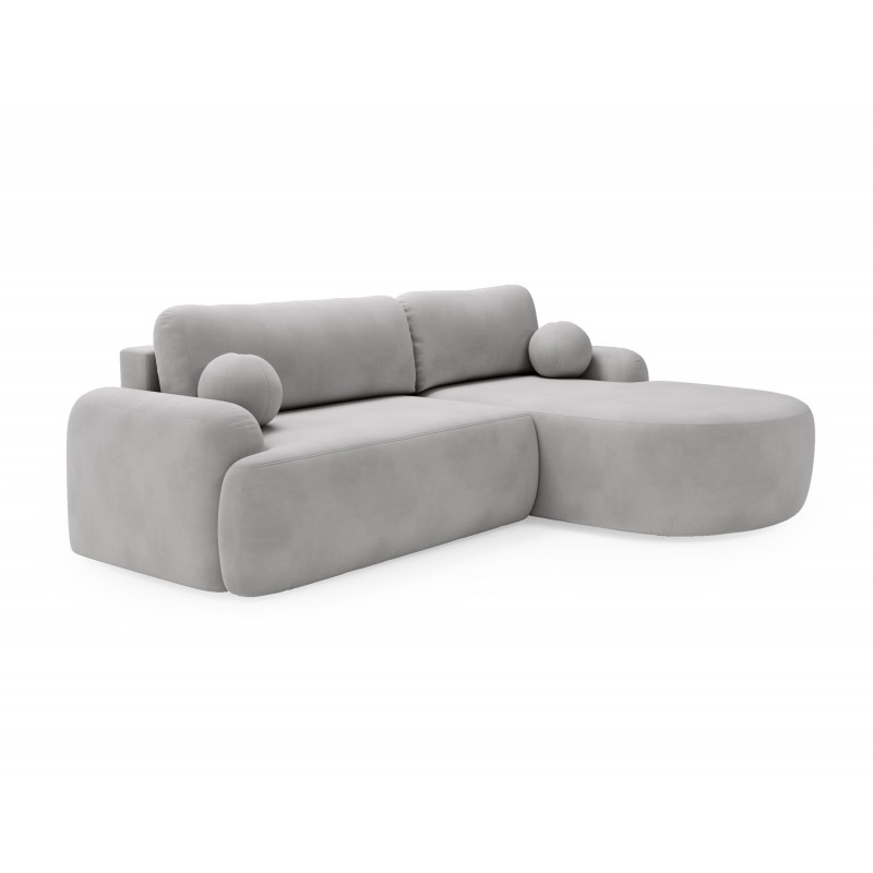 Elegantes hellgraues Ecksofa CLOUDY aus Veloursstoff mit abgerundeten Seiten und dekorativen kugelförmigen Polstern 1/9