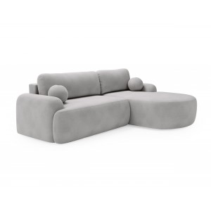 Elegantes hellgraues Ecksofa CLOUDY aus Veloursstoff mit abgerundeten Seiten und dekorativen kugelförmigen Polstern 1/9