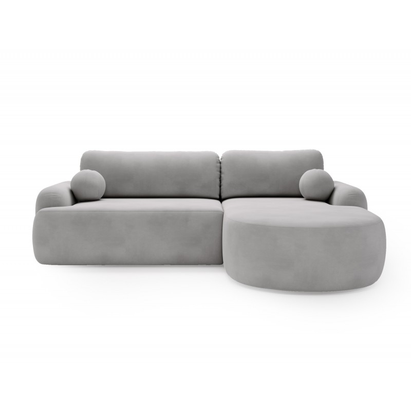 Elegantes hellgraues Ecksofa CLOUDY aus Veloursstoff mit abgerundeten Seiten und dekorativen kugelförmigen Polstern 2/9