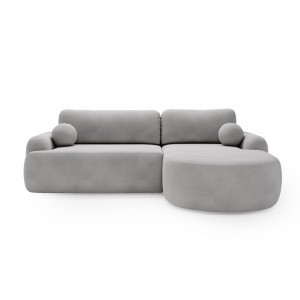 Elegantes hellgraues Ecksofa CLOUDY aus Veloursstoff mit abgerundeten Seiten und dekorativen kugelförmigen Polstern 2/9