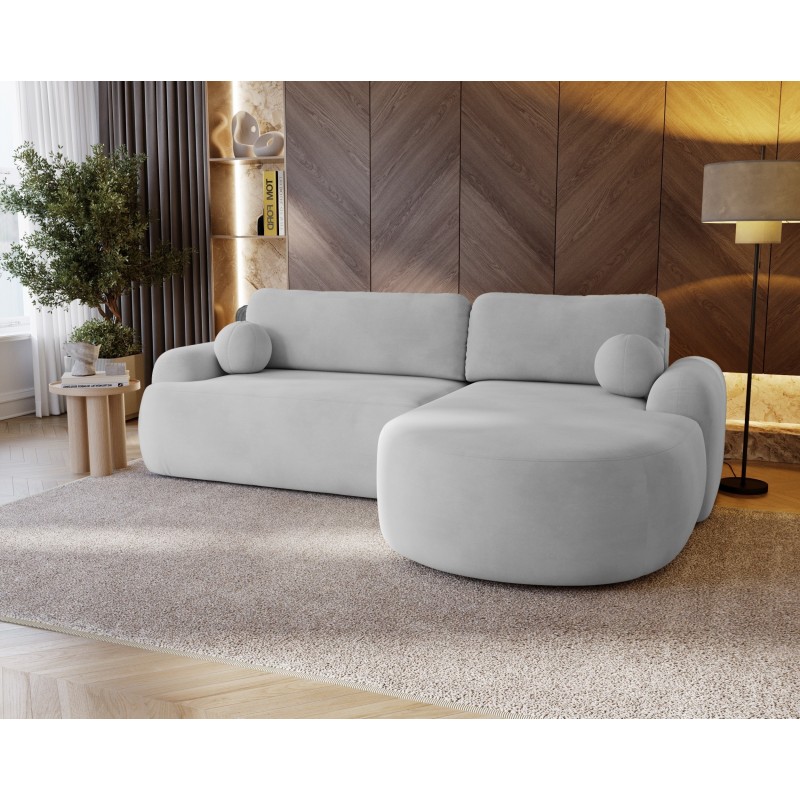 Elegantes hellgraues Ecksofa CLOUDY aus Veloursstoff mit abgerundeten Seiten und dekorativen kugelförmigen Polstern 3/9
