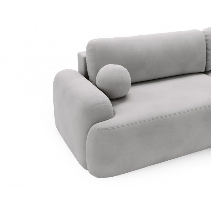 Elegantes hellgraues Ecksofa CLOUDY aus Veloursstoff mit abgerundeten Seiten und dekorativen kugelförmigen Polstern