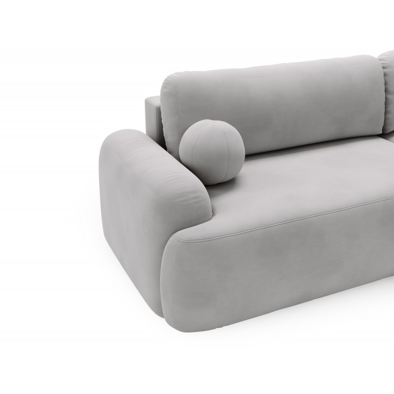 Elegantes hellgraues Ecksofa CLOUDY aus Veloursstoff mit abgerundeten Seiten und dekorativen kugelförmigen Polstern 4/9