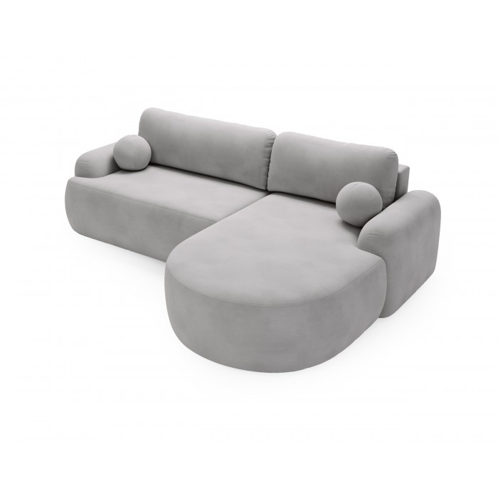 Elegantes hellgraues Ecksofa CLOUDY aus Veloursstoff mit abgerundeten Seiten und dekorativen kugelförmigen Polstern