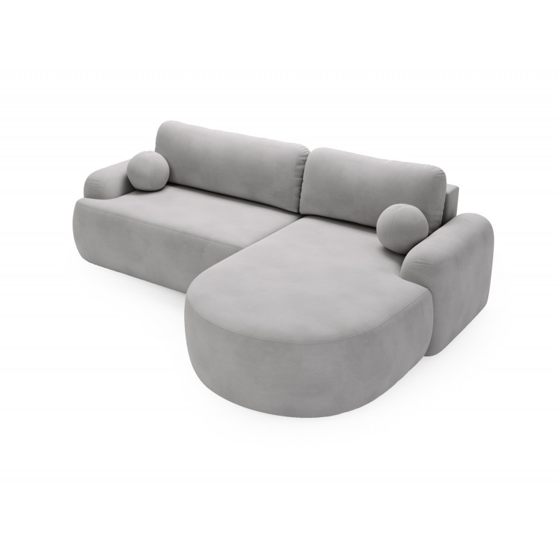 Elegantes hellgraues Ecksofa CLOUDY aus Veloursstoff mit abgerundeten Seiten und dekorativen kugelförmigen Polstern 5/9