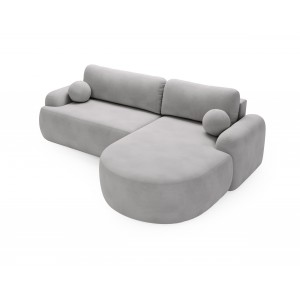 Elegantes hellgraues Ecksofa CLOUDY aus Veloursstoff mit abgerundeten Seiten und dekorativen kugelförmigen Polstern 5/9