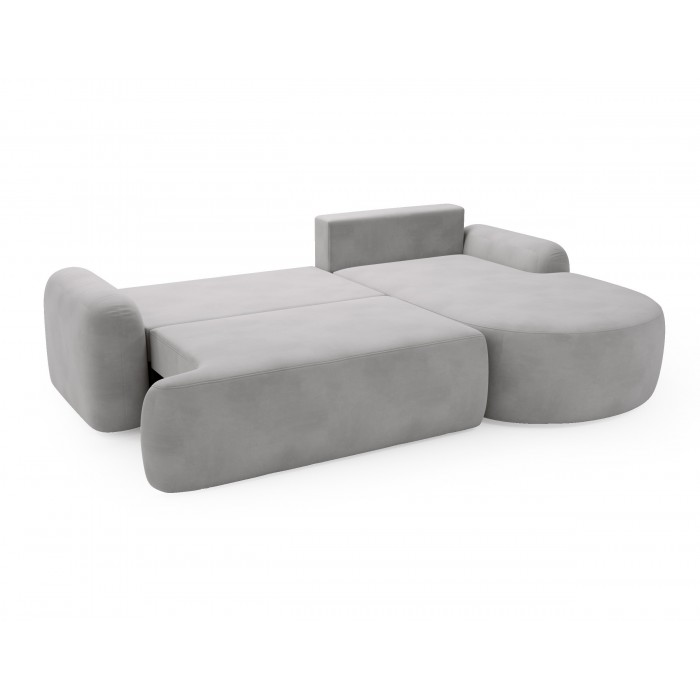 Elegantes hellgraues Ecksofa CLOUDY aus Veloursstoff mit abgerundeten Seiten und dekorativen kugelförmigen Polstern
