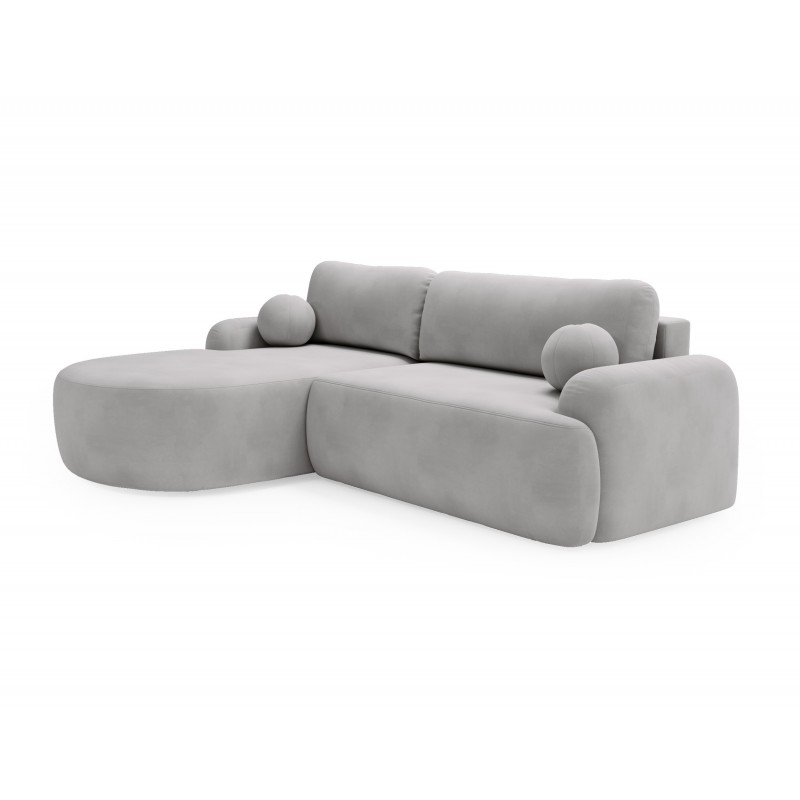 Elegantes hellgraues Ecksofa CLOUDY aus Veloursstoff mit abgerundeten Seiten und dekorativen kugelförmigen Polstern 1/9