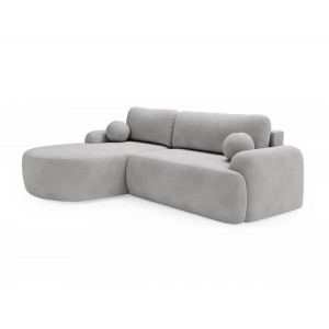 Elegantes hellgraues Ecksofa CLOUDY aus Veloursstoff mit abgerundeten Seiten und dekorativen kugelförmigen Polstern 1/9