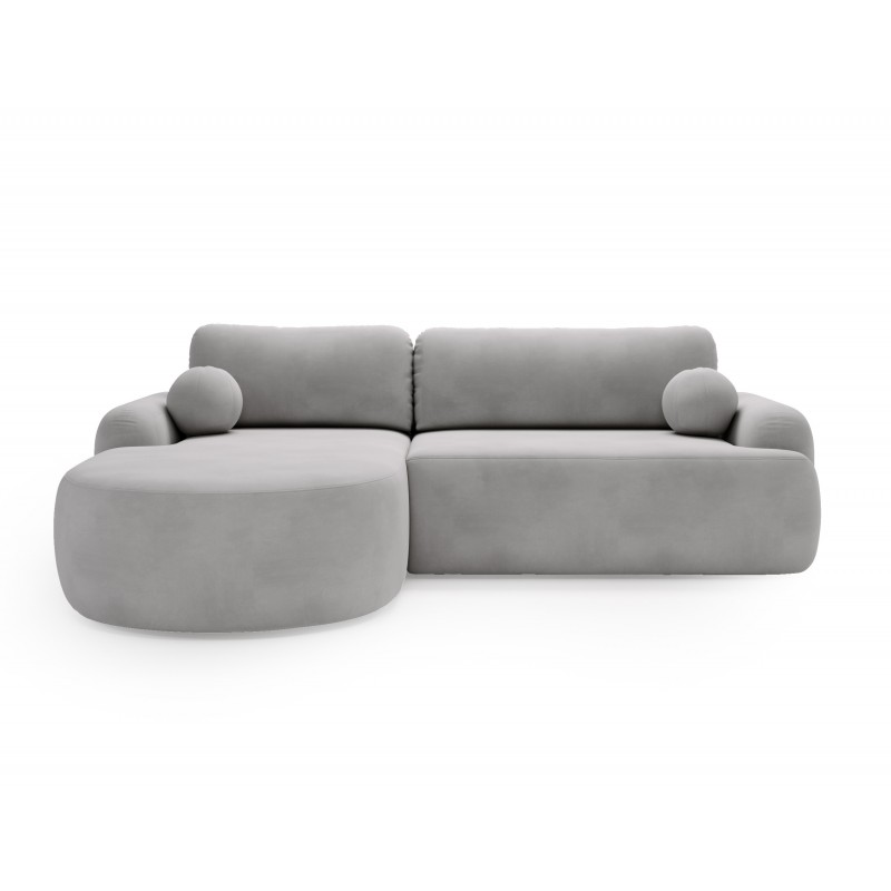 Elegantes hellgraues Ecksofa CLOUDY aus Veloursstoff mit abgerundeten Seiten und dekorativen kugelförmigen Polstern 2/9