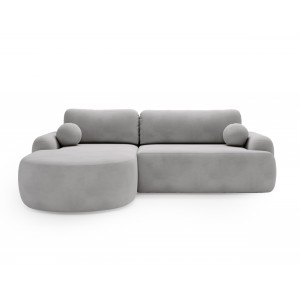 Elegantes hellgraues Ecksofa CLOUDY aus Veloursstoff mit abgerundeten Seiten und dekorativen kugelförmigen Polstern 2/9
