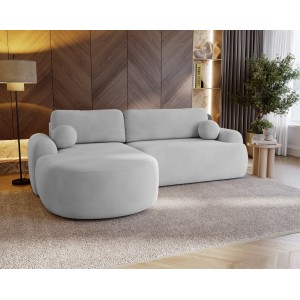 Elegantes hellgraues Ecksofa CLOUDY aus Veloursstoff mit abgerundeten Seiten und dekorativen kugelförmigen Polstern 3/9
