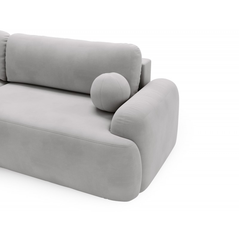Elegantes hellgraues Ecksofa CLOUDY aus Veloursstoff mit abgerundeten Seiten und dekorativen kugelförmigen Polstern 4/9