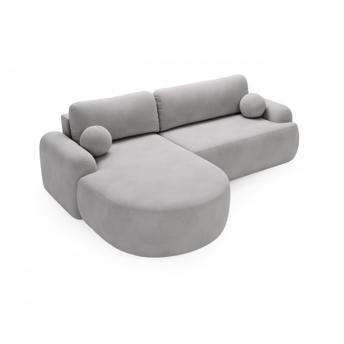 Elegantes hellgraues Ecksofa CLOUDY aus Veloursstoff mit abgerundeten Seiten und dekorativen kugelförmigen Polstern