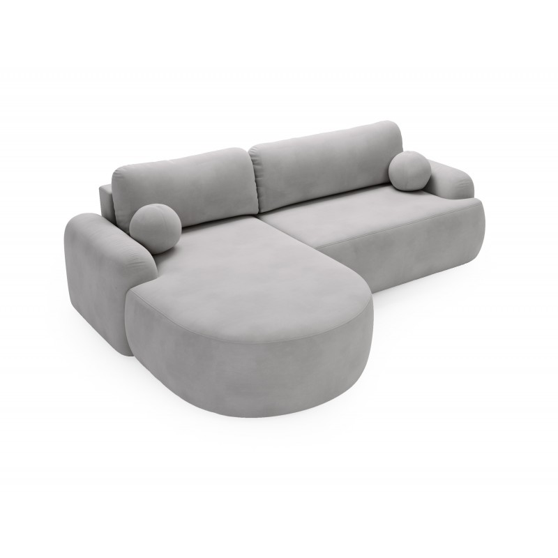Elegantes hellgraues Ecksofa CLOUDY aus Veloursstoff mit abgerundeten Seiten und dekorativen kugelförmigen Polstern 5/9